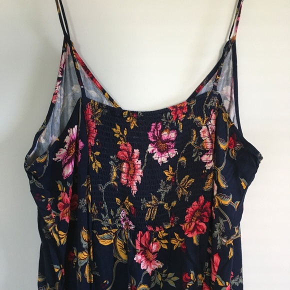 Old Navy Navy Blue Floral Satin Smocked Midi Slip Dress Sz XXL Floral Side Slit - Picture 7 of 15